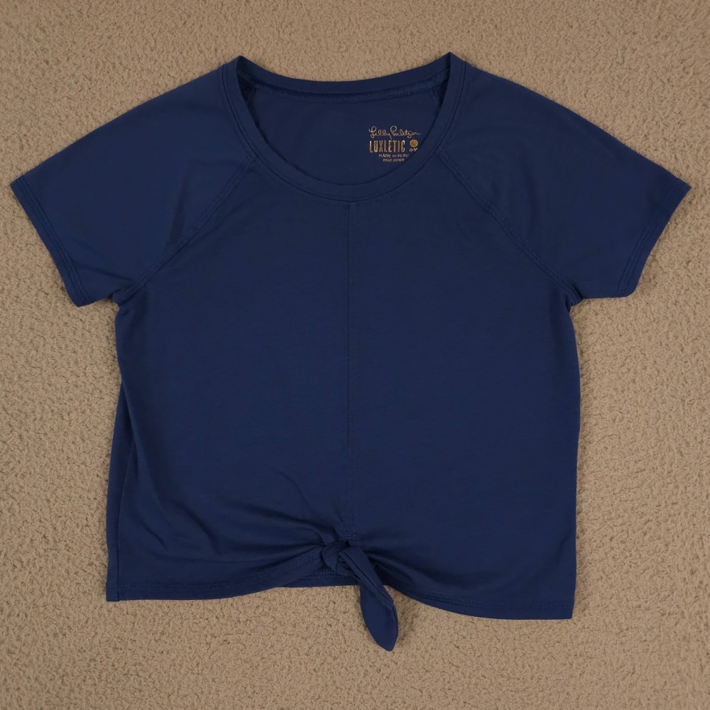 Lilly Pulitzer Shirt Girls Large 8-10 Blue Luxletic Mini Kieran Tie Hem Active T